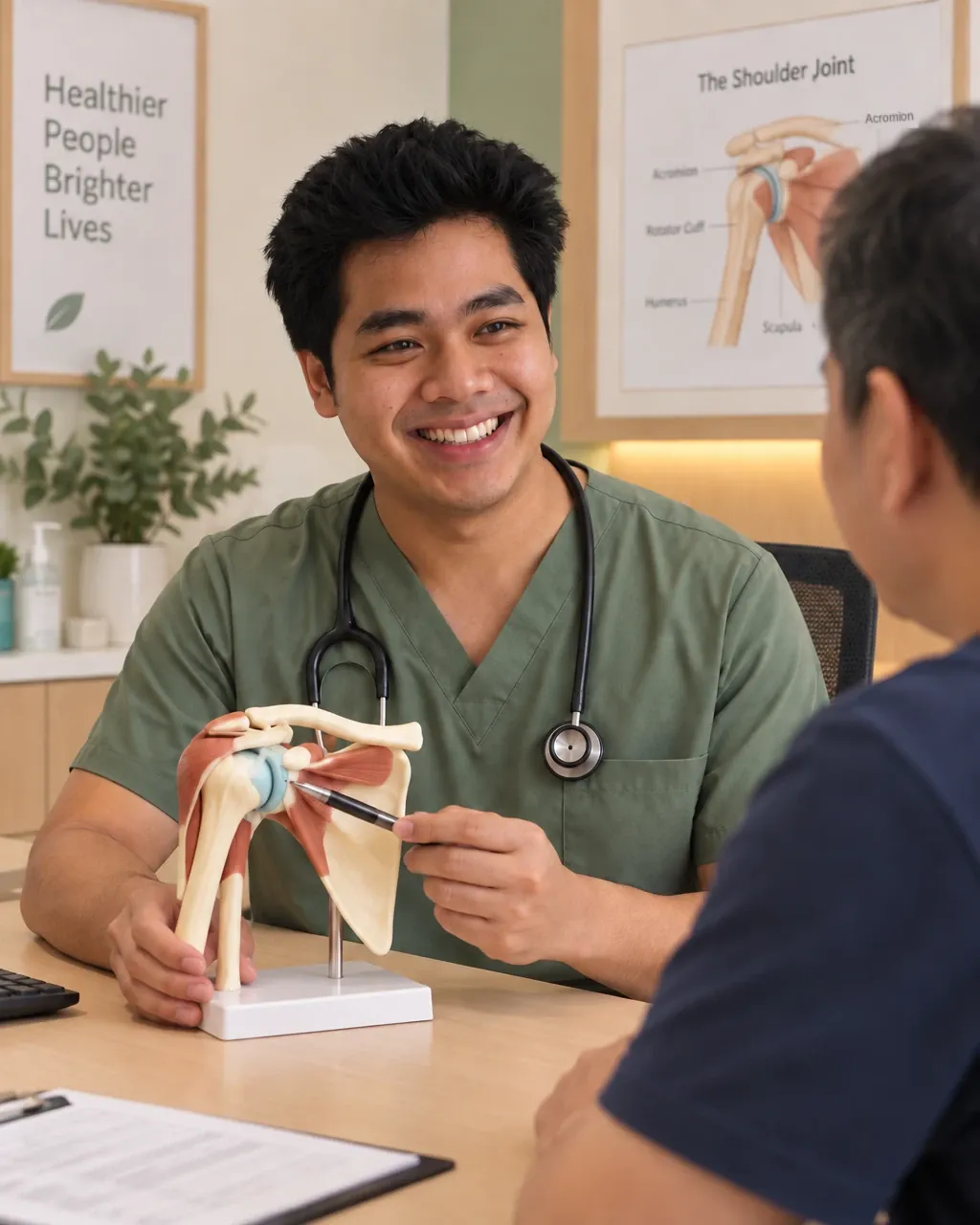 Doctor explaining a shoulder joint model to a patient during a consultation