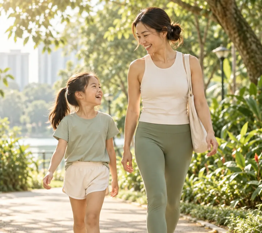 Mother and daughter walking together along a leafy park path
