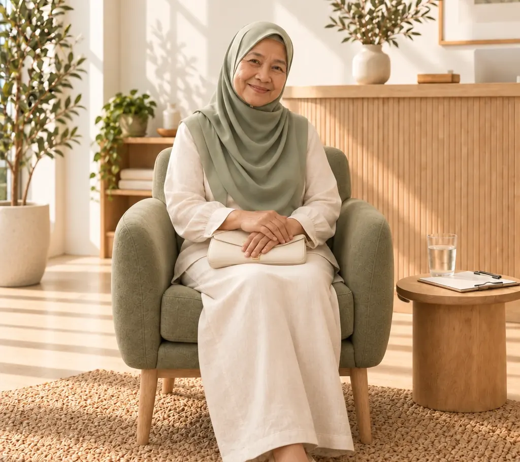 Smiling older Malay woman in a hijab seated in an armchair in a bright clinic lounge