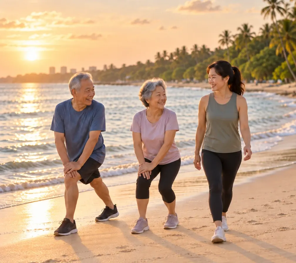 Two seniors stretching on a Singapore beach at sunrise alongside a younger woman